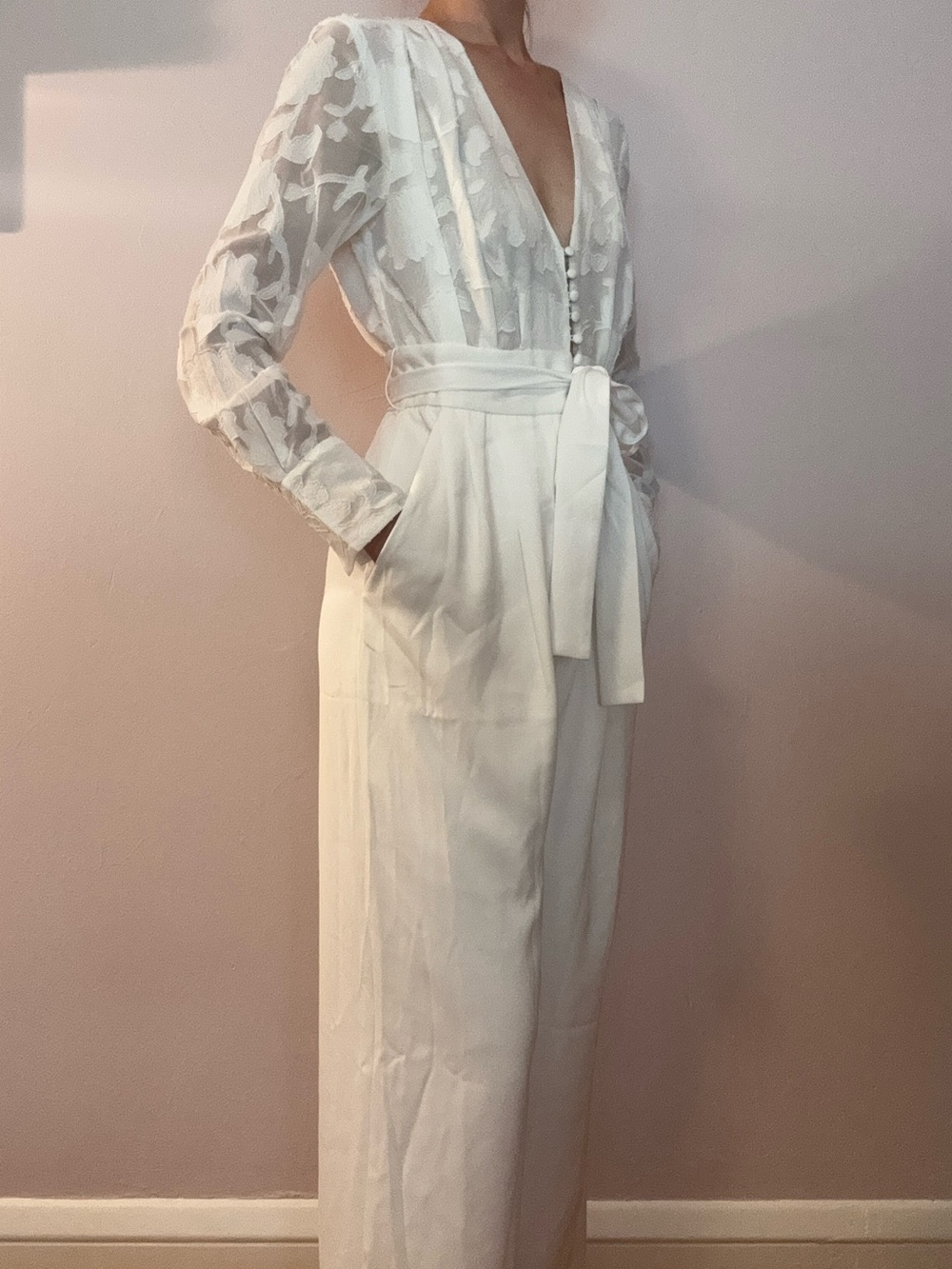 French Connection White V-Neck Lace Bodice Jumpsuit with Waist Tie